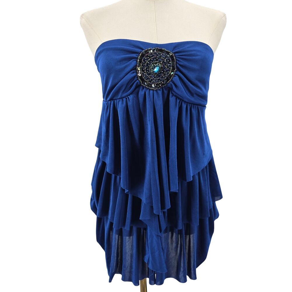 Studio Y Women Blue Y2K Fairy Boho Babydoll Beaded Ruffle Tiered Feminine Top S